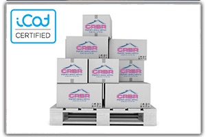 White boxes with CRBR logo on a white pallet